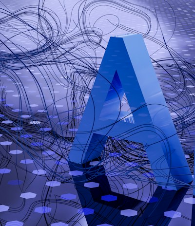 Abstract illustration of AI and automation intertwining with business data streams.